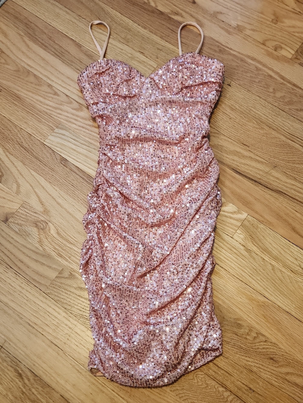 Hello Molly Pink Sequined Ruched Party Dress XS Mesh Bodycon